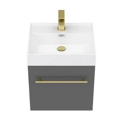 Valencia 450 Gloss Grey Minimalist Wall Hung Vanity Unit with Brass Handle -Wall Hung Vanity Units Shop V4GWHBB d4 460