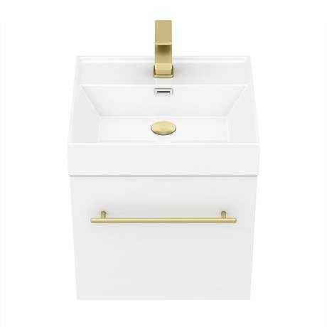 Valencia 450 Gloss White Minimalist Wall Hung Vanity Unit with Brass Handle 5 Valencia 450 Gloss White Minimalist Wall Hung Vanity Unit with Brass Handle - Image 3