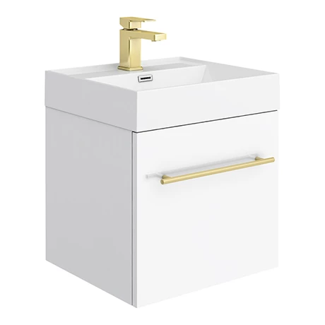 Valencia 450 Gloss White Minimalist Wall Hung Vanity Unit with Brass Handle 3 Valencia 450 Gloss White Minimalist Wall Hung Vanity Unit with Brass Handle