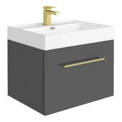 Valencia 600 Gloss Grey Minimalist Wall Hung Vanity Unit with Brass Handle