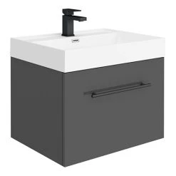 Valencia 600 Gloss Grey Minimalist Wall Hung Vanity Unit with Matt Black Handle