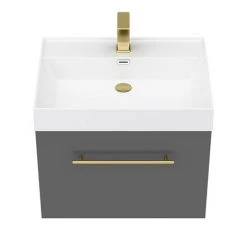 Valencia 600 Gloss Grey Minimalist Wall Hung Vanity Unit with Brass Handle -Wall Hung Vanity Units Shop V6GWHBB d4 460