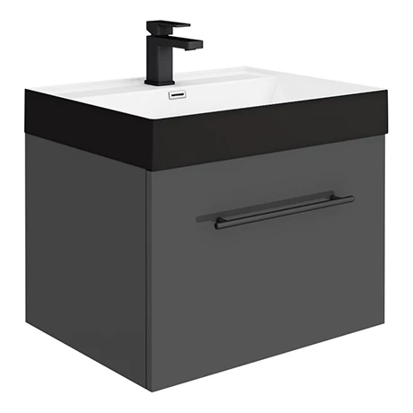 Valencia Wall Hung Vanity Unit - Gloss Grey - 600mm with Black Handle and Basin 3 Valencia Wall Hung Vanity Unit - Gloss Grey - 600mm with Black Handle and Basin