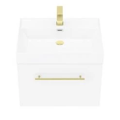 Valencia 600 Gloss White Minimalist Wall Hung Vanity Unit with Brass Handle -Wall Hung Vanity Units Shop V6WWHBB d4 460