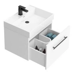 Valencia 600 Gloss White Minimalist Wall Hung Vanity Unit with Matt Black Handle -Wall Hung Vanity Units Shop V6WWHMB d6 460