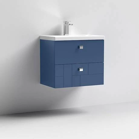 Venice Abstract 600mm Blue Vanity Unit - Wall Hung 2 Drawer Unit with Chrome Square Drop Handles 6 Venice Abstract 600mm Blue Vanity Unit - Wall Hung 2 Drawer Unit with Chrome Square Drop Handles - Image 4