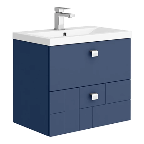 Venice Abstract 600mm Blue Vanity Unit - Wall Hung 2 Drawer Unit with Chrome Square Drop Handles 3 Venice Abstract 600mm Blue Vanity Unit - Wall Hung 2 Drawer Unit with Chrome Square Drop Handles
