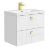 Venice Abstract 600mm White Vanity Unit - Wall Hung with Brushed Brass Handles -Wall Hung Vanity Units Shop VAWH600WHTBRA n p