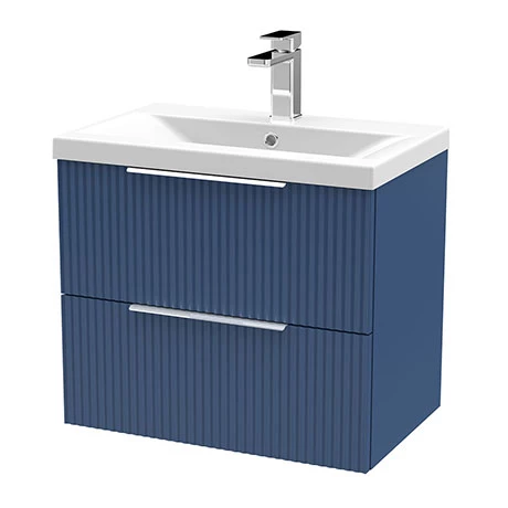 Venice Fluted 600mm Blue Vanity Unit - Wall Hung 2 Drawer Unit with Chrome Handles 3 Venice Fluted 600mm Blue Vanity Unit - Wall Hung 2 Drawer Unit with Chrome Handles