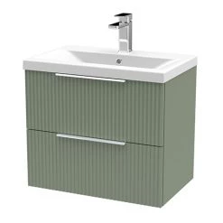 Venice Fluted 600mm Green Vanity Unit - Wall Hung 2 Drawer Unit with Chrome Handles