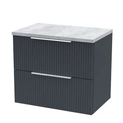 Venice Fluted 600mm Anthracite Vanity Unit - Wall Hung 2 Drawer Unit with Bellato Grey Worktop & Chrome Handles