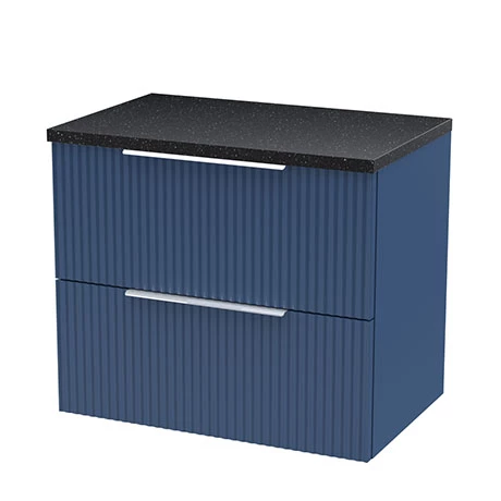 Venice Fluted 600mm Blue Vanity Unit - Wall Hung 2 Drawer Unit with Black Worktop & Chrome Handles 3 Venice Fluted 600mm Blue Vanity Unit - Wall Hung 2 Drawer Unit with Black Worktop & Chrome Handles