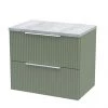 Venice Fluted 600mm Green Vanity Unit - Wall Hung 2 Drawer Unit with Bellato Grey Worktop & Chrome Handles