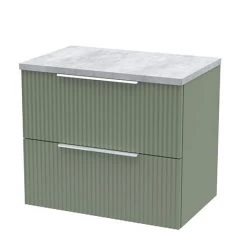 Venice Fluted 600mm Green Vanity Unit - Wall Hung 2 Drawer Unit with Bellato Grey Worktop & Chrome Handles