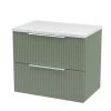 Venice Fluted 600mm Green Vanity Unit - Wall Hung 2 Drawer Unit with White Worktop & Chrome Handles