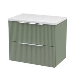 Venice Fluted 600mm Green Vanity Unit - Wall Hung 2 Drawer Unit with White Worktop & Chrome Handles