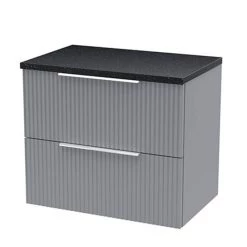 Venice Fluted 600mm Grey Vanity Unit - Wall Hung 2 Drawer Unit with Black Worktop & Chrome Handles
