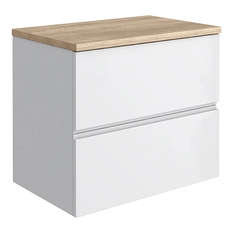 Venice Linea 600mm Satin White Vanity - Wall Hung 2 Drawer Unit with Rustic Oak Worktop 3 Venice Linea 600mm Satin White Vanity - Wall Hung 2 Drawer Unit with Rustic Oak Worktop