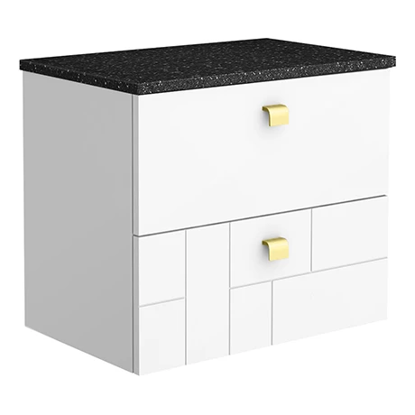 Venice Abstract 600mm White Vanity Unit - Wall Hung 2 Drawer Unit with Black Worktop & Brushed Brass Handles 3 Venice Abstract 600mm White Vanity Unit - Wall Hung 2 Drawer Unit with Black Worktop & Brushed Brass Handles