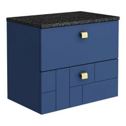 Venice Abstract 600mm Blue Vanity Unit - Wall Hung 2 Drawer Unit with Black Worktop & Brushed Brass Handles