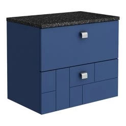 Venice Abstract 600mm Blue Vanity Unit - Wall Hung 2 Drawer Unit with Black Worktop & Chrome Handles