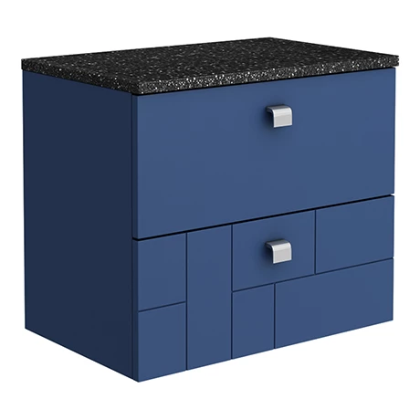 Venice Abstract 600mm Blue Vanity Unit - Wall Hung 2 Drawer Unit with Black Worktop & Chrome Handles 3 Venice Abstract 600mm Blue Vanity Unit - Wall Hung 2 Drawer Unit with Black Worktop & Chrome Handles