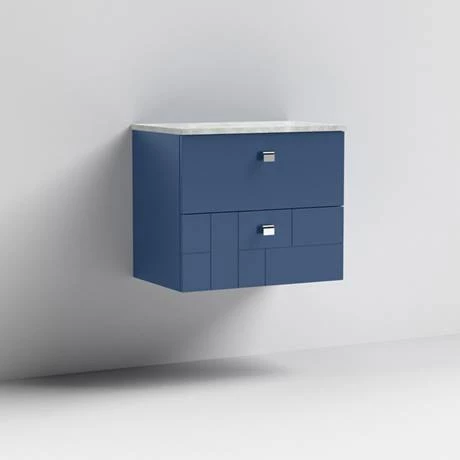 Venice Abstract 600mm Blue Vanity Unit - Wall Hung 2 Drawer Unit with Grey Worktop & Chrome Handles 5 Venice Abstract 600mm Blue Vanity Unit - Wall Hung 2 Drawer Unit with Grey Worktop & Chrome Handles - Image 3