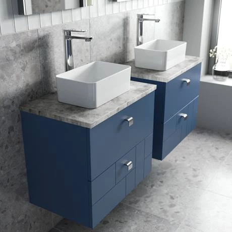 Venice Abstract 600mm Blue Vanity Unit - Wall Hung 2 Drawer Unit with Grey Worktop & Chrome Handles 6 Venice Abstract 600mm Blue Vanity Unit - Wall Hung 2 Drawer Unit with Grey Worktop & Chrome Handles - Image 4
