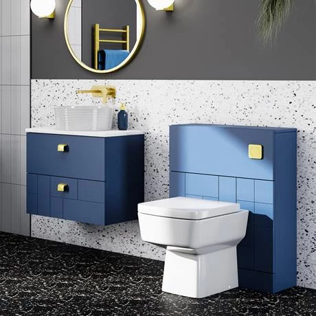 Venice Abstract 600mm Blue Vanity Unit - Wall Hung 2 Drawer Unit with White Worktop & Brushed Brass Handles 6 Venice Abstract 600mm Blue Vanity Unit - Wall Hung 2 Drawer Unit with White Worktop & Brushed Brass Handles - Image 4