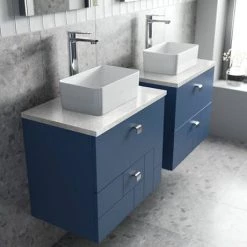 Venice Abstract 600mm Blue Vanity Unit - Wall Hung 2 Drawer Unit with White Worktop & Chrome Handles -Wall Hung Vanity Units Shop VWH6BLUWHI D2 460