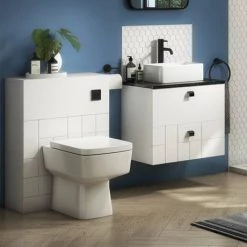 Venice Abstract 600mm White Vanity - Wall Hung 2 Drawer Unit with Black Worktop & Matt Black Handles -Wall Hung Vanity Units Shop VWH6WHIBLKB d4 460