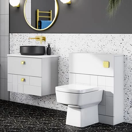 Venice Abstract 600mm White Vanity Unit - Wall Hung 2 Drawer Unit with White Worktop & Brushed Brass Handles 7 Venice Abstract 600mm White Vanity Unit - Wall Hung 2 Drawer Unit with White Worktop & Brushed Brass Handles - Image 5