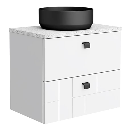 Venice Abstract 600 White Vanity - Wall Hung 2-Drawer Unit w. White Worktop, Round Matt Black Basin & Handles 3 Venice Abstract 600 White Vanity - Wall Hung 2-Drawer Unit w. White Worktop, Round Matt Black Basin & Handles