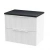 Venice Fluted 600mm White Vanity Unit - Wall Hung 2 Drawer Unit with Black Worktop & Chrome Handles